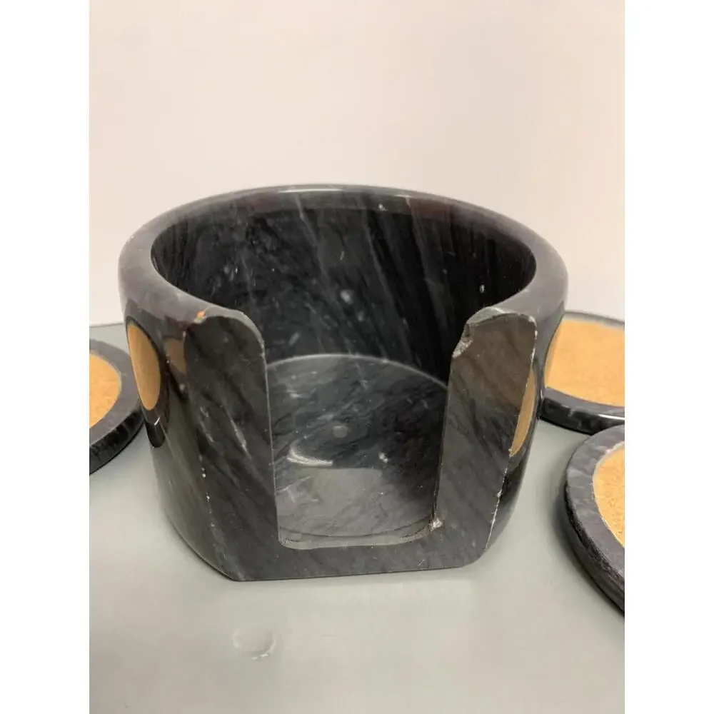 Black Marble Coaster Polo Dark Grey Cork Center Felt Bottom Set of 6 W/Holder